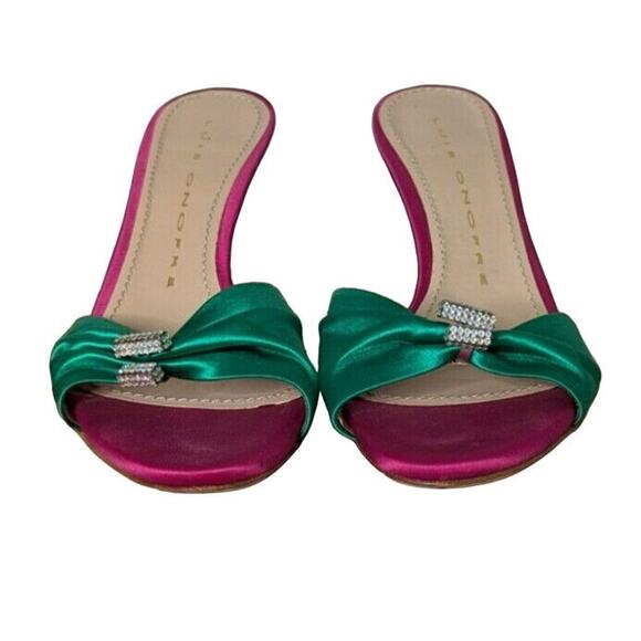 Luis Onofre Satin Bow Heels 6.5 Green Pink Jewel Slip On Designer Sandals Shoes - Picture 3 of 7